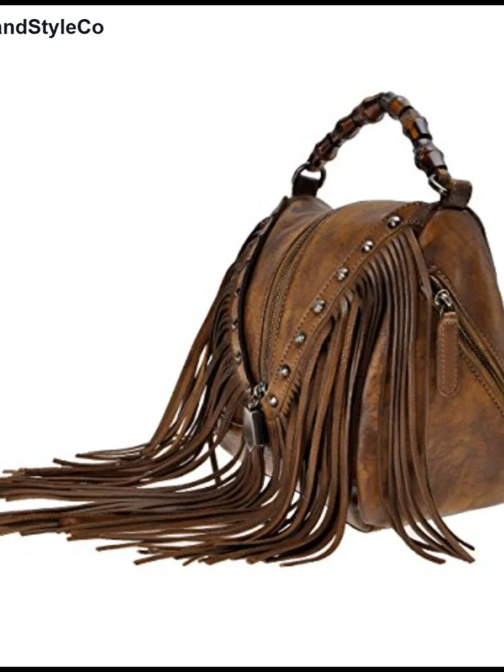 Women's Leather Fringe Crossbody Bag Boho Bamboo Handle Studded Handbag